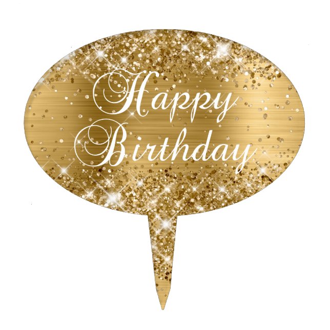 Glittery Gold Foil Happy Birthday Cake Topper (Front)