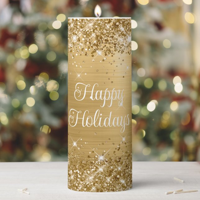 Glittery Gold Foil Happy Holidays Pillar Candle (Glittery Gold Happy Holidays Pillar Candle)
