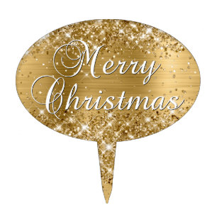Glittery Gold Foil Merry Christmas Cake Topper
