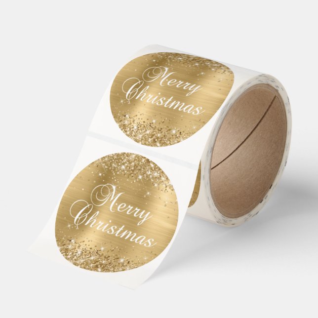 Glittery Gold Foil Merry Christmas Classic Round Sticker (Roll)