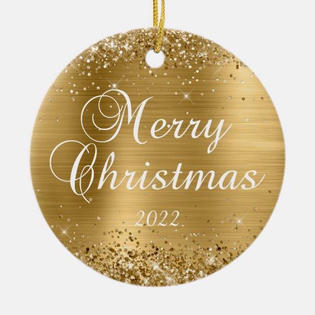 Glittery Gold Foil Merry Christmas Family Photo Ceramic Ornament (Front)