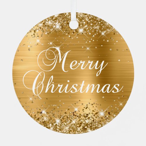 Glittery Gold Foil Merry Christmas Metal Ornament