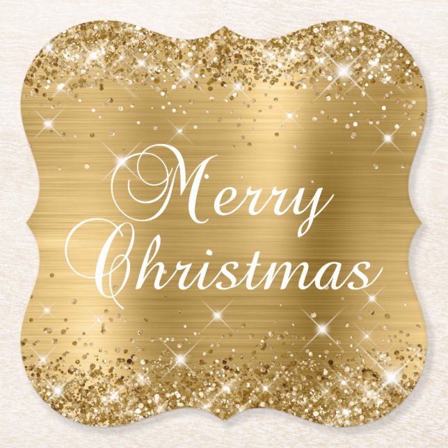 Glittery Gold Foil Merry Christmas Paper Coaster (Front)