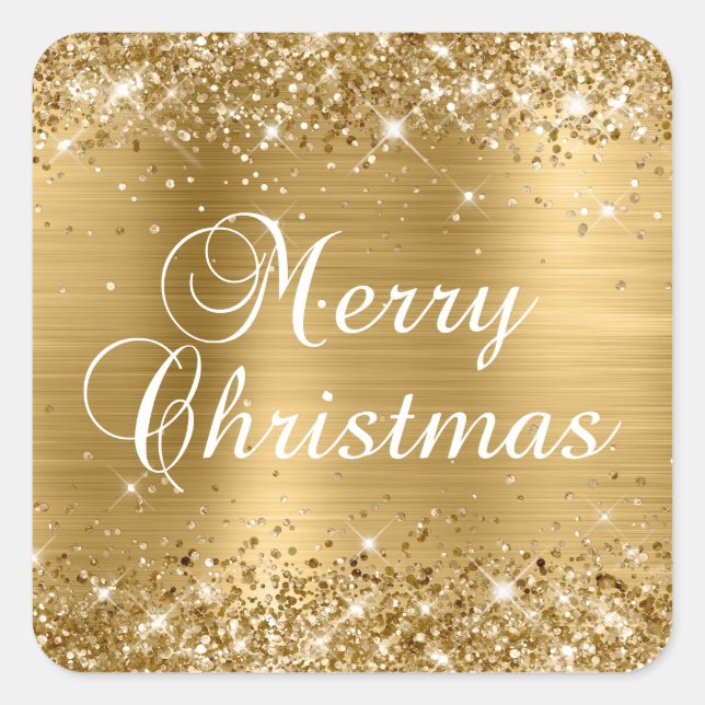 Glittery Gold Foil Merry Christmas Square Sticker (Front)