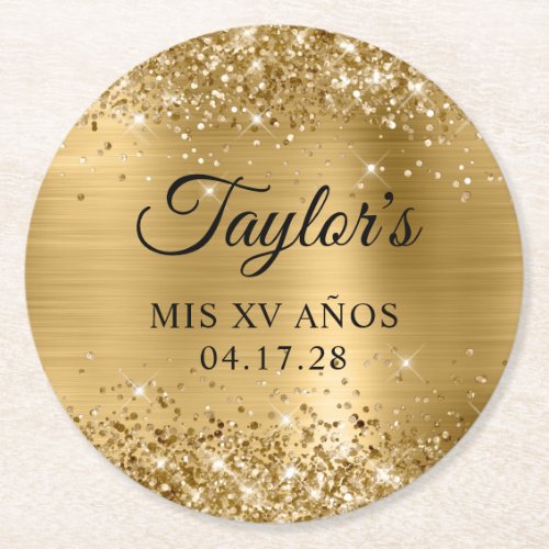Glittery Gold Foil Mis XV Anos Birthday Round Paper Coaster