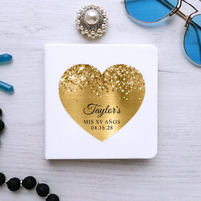 Glittery Gold Foil Mis XV Años Heart Shape Sticker (Heart Shaped Sticker for Her Guest Book)