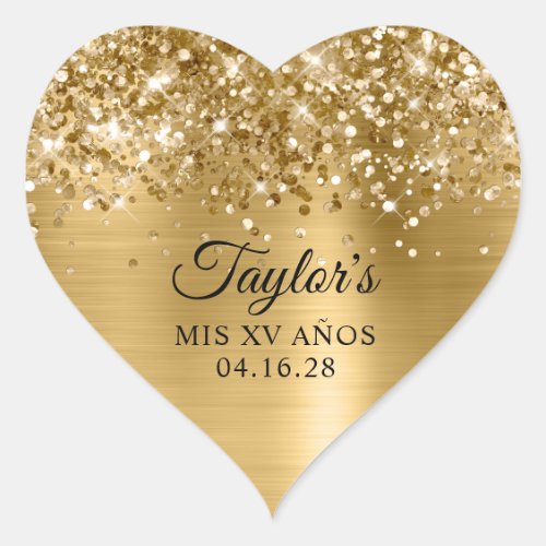 Glittery Gold Foil Mis XV Aos Heart Sticker