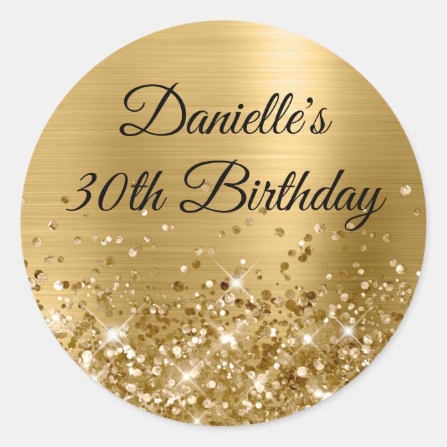 Glittery Gold Foil Modern 30th Birthday Classic Round Sticker (Front)