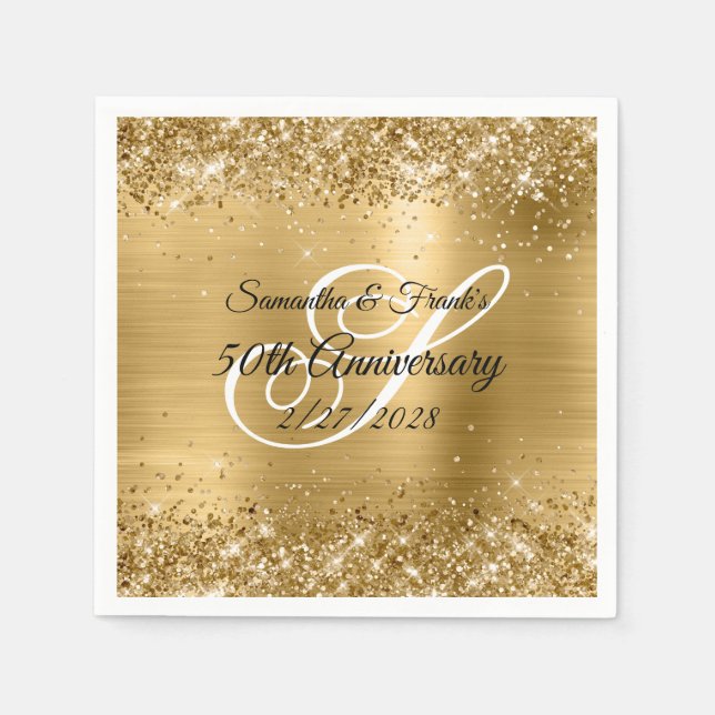 Glittery Gold Foil Monogrammed 50th Anniversary Napkins (Front)