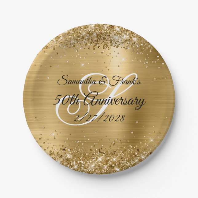 Glittery Gold Foil Monogrammed 50th Anniversary Paper Plates (Front)