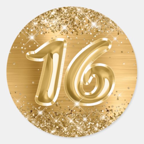 Glittery Gold Foil Number 16 Birthday Classic Round Sticker