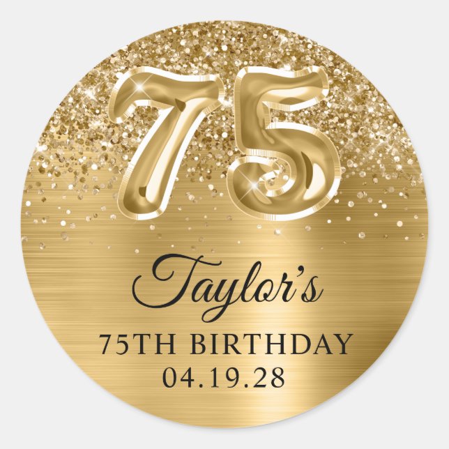 Glittery Gold Foil Number 75 Birthday Classic Round Sticker (Front)