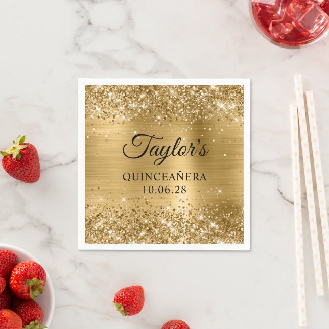 Glittery Gold Foil Personalized Quinceañera Napkins (Insitu)