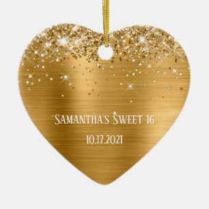 Glittery Gold Foil Personalized Sweet 16 Ceramic Ornament