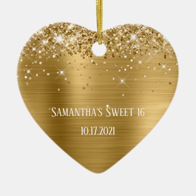 Glittery Gold Foil Personalized Sweet 16 Ceramic Ornament (Front)