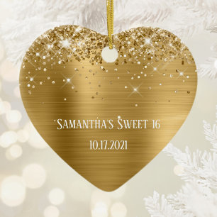 Glittery Gold Foil Personalized Sweet 16 Ceramic Ornament