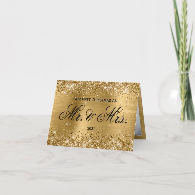 Glittery Gold Foil Photo Our First Christmas Holiday Card (Front)