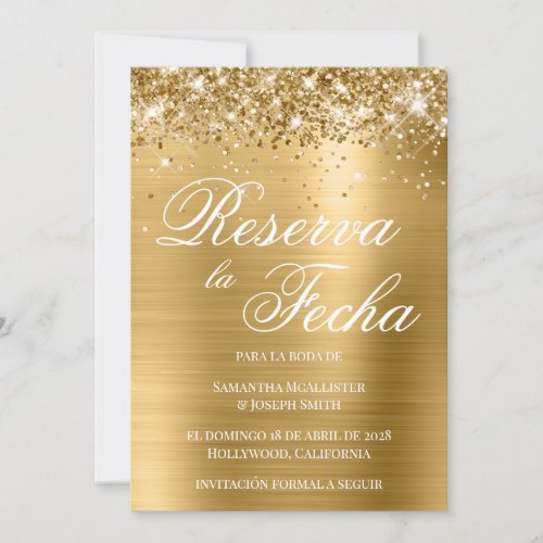 Glittery Gold Foil Photo Reserva La Fecha Invitation