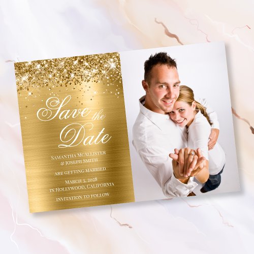 Glittery Gold Foil Photo Save The Date