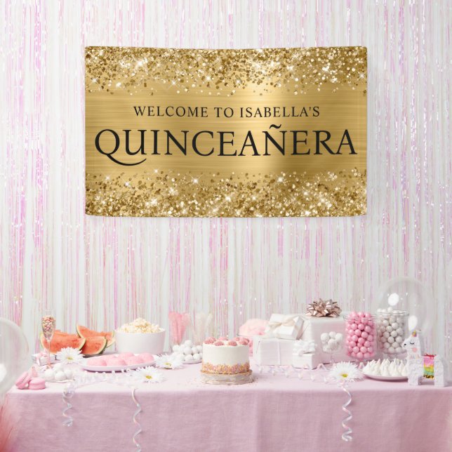 Glittery Gold Foil Quinceanera All Caps Welcome Banner (Party)