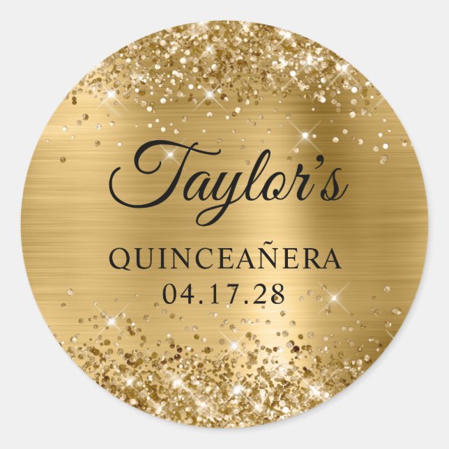 Glittery Gold Foil Quinceanera Birthday Classic Round Sticker (Front)