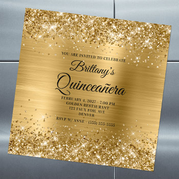 Glittery Gold Foil Quinceañera Magnetic Invitation by annaleeblysse at Zazzle