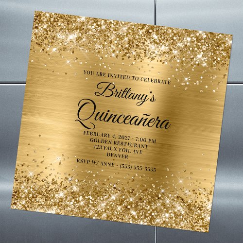 Glittery Gold Foil Quinceaera Magnetic Invitation