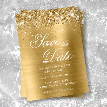 Glittery Gold Foil Save The Date Invitation by annaleeblysse at Zazzle