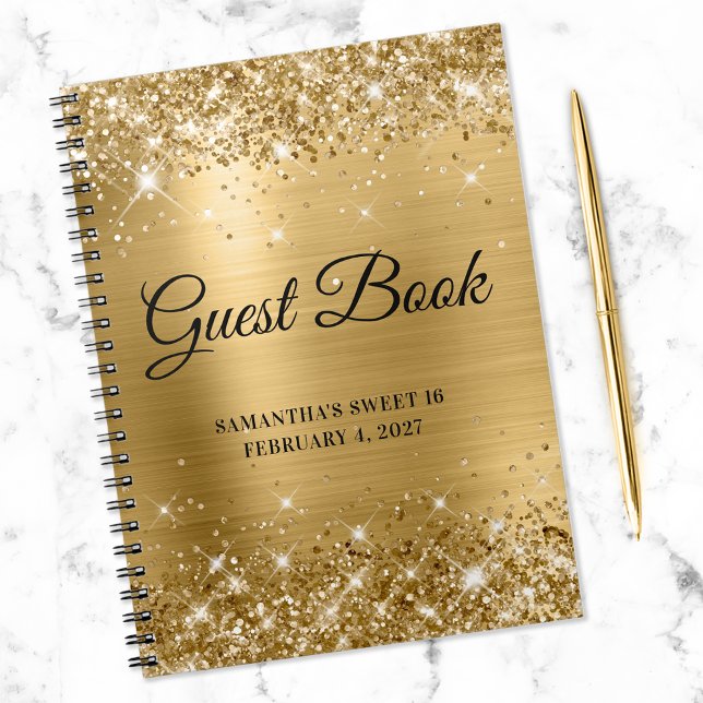 Glittery Gold Foil Sweet 16 Birthday Guestbook Notebook (Creator Uploaded)