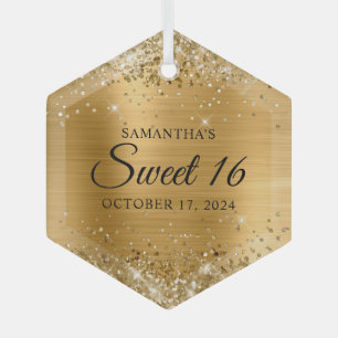 Glittery Gold Foil Sweet 16 Glass Ornament