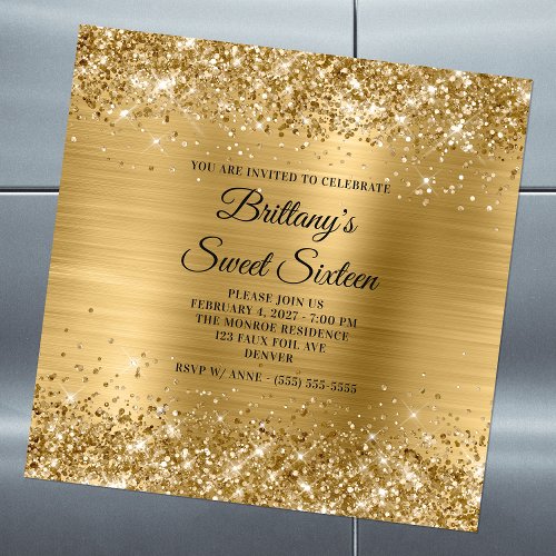 Glittery Gold Foil Sweet Sixteen Magnetic Invitation