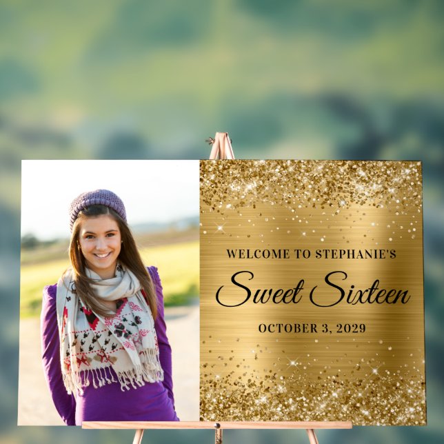 Glittery Gold Foil Sweet Sixteen Welcome Big Acrylic Sign (Neutral)