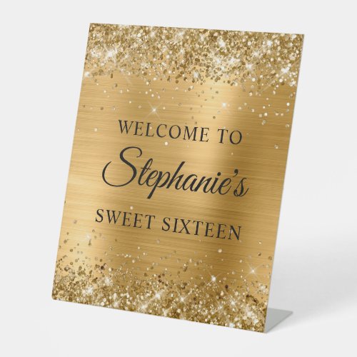 Glittery Gold Foil Sweet Sixteen Welcome Pedestal Sign