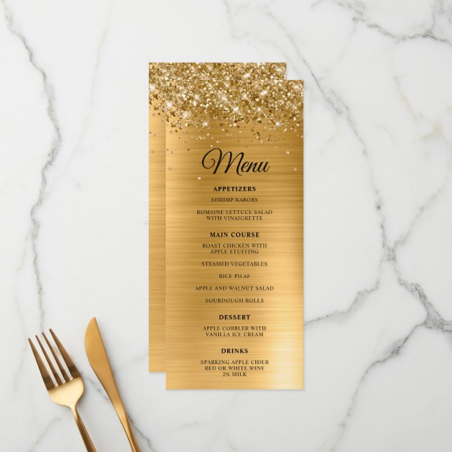Glittery Gold Foil Wedding Reception Menu (Front/Back In Situ)