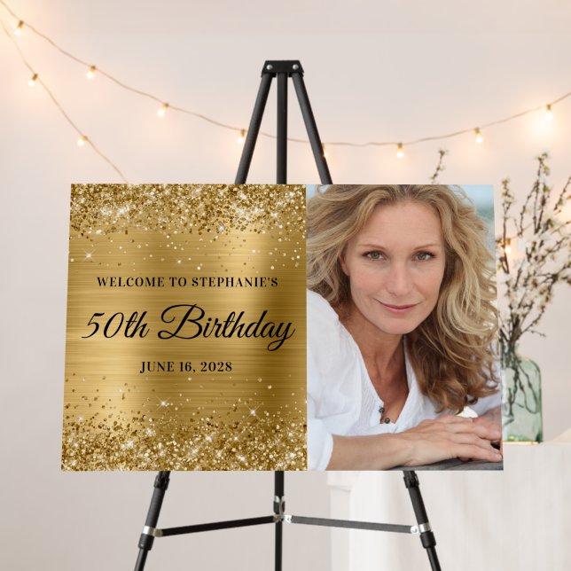 Glittery Gold Foil Welcome 50th Birthday Foam Board (In Situ (Stand))