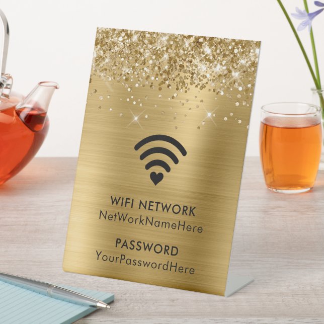 Glittery Gold Foil WiFi Network and Password Pedestal Sign (In SItu)
