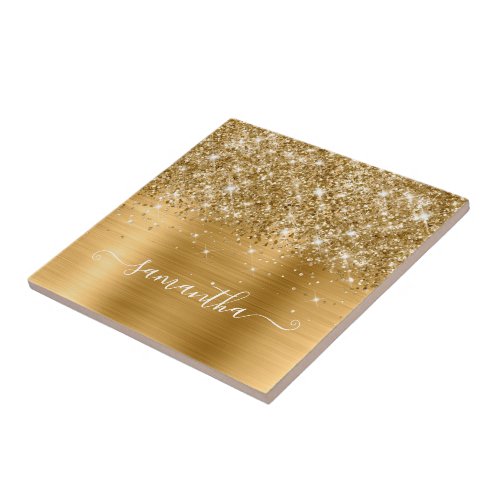 Glittery Gold Girly Signature Calligraphy Ceramic Tile