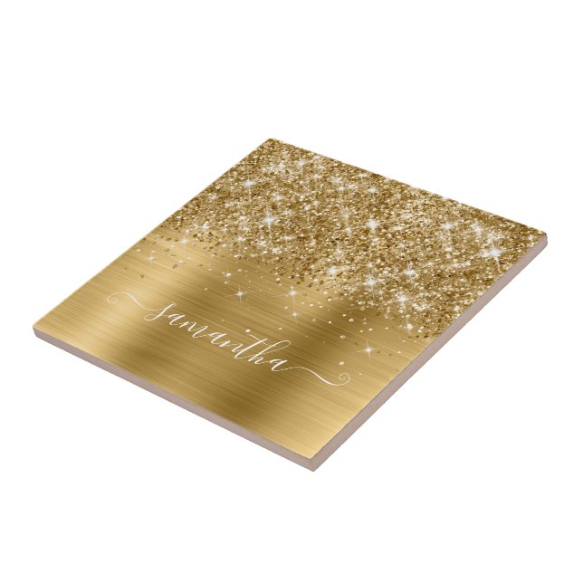 Glittery Gold Girly Signature Calligraphy Ceramic Tile (Side)