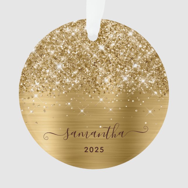 Glittery Gold Girly Signature Calligraphy Photo Ornament (Front)
