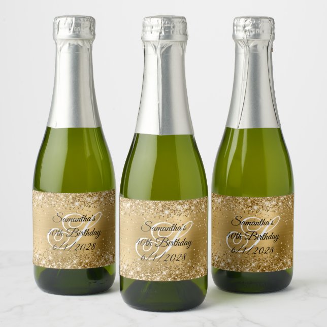 Glittery Gold Glam 40th Birthday Monogram Sparkling Wine Label (Bottles)
