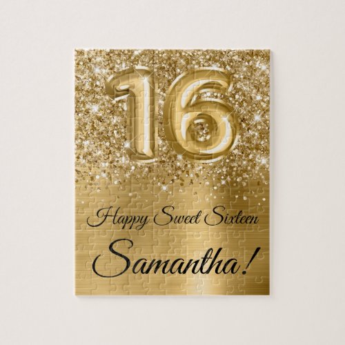 Glittery Gold Glam Balloon Sweet 16 Birthday Jigsaw Puzzle