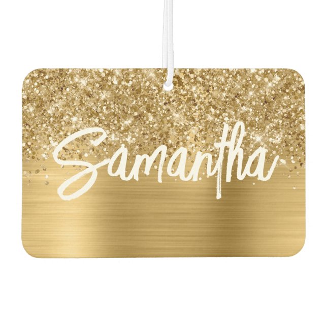 Glittery Gold Glam Brush Script Name Air Freshener (Front)