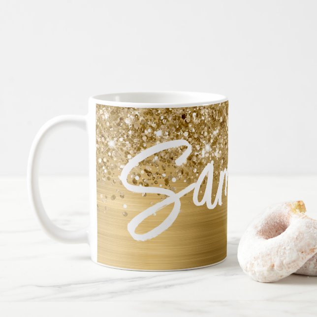 Glittery Gold Glam Brush Script Name Coffee Mug (With Donut)