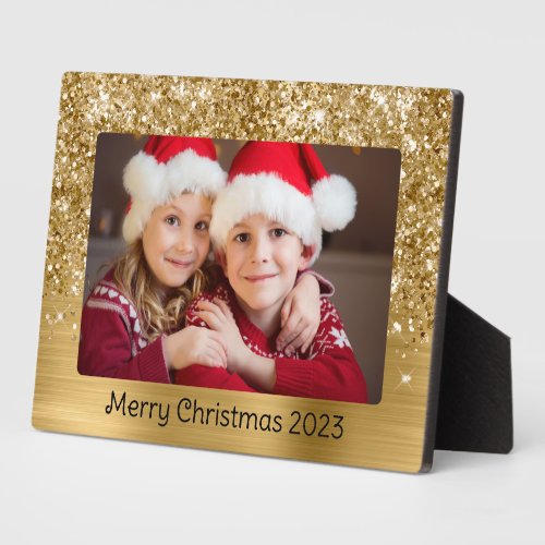 Glittery Gold Glam Christmas Family Photo Plaque