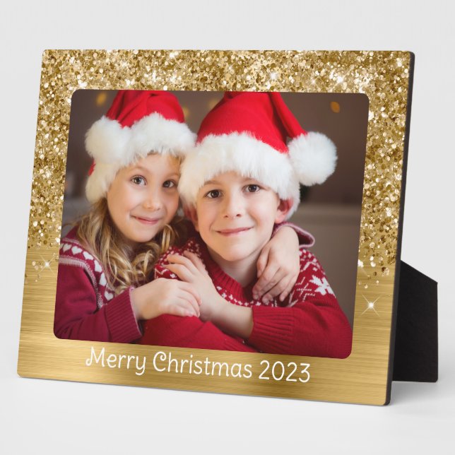 Glittery Gold Glam Christmas Family Photo Plaque (Side)