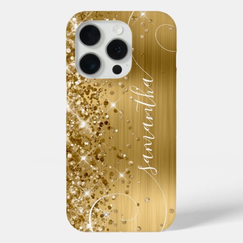 Glittery Gold Glam Curly Signature iPhone 15 Pro Case
