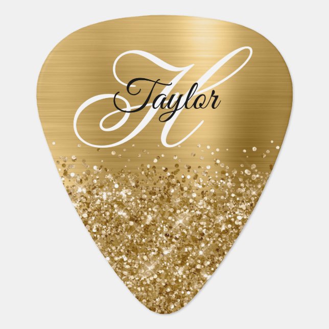 Glittery Gold Glam Fancy Monogram Guitar Pick (Front)