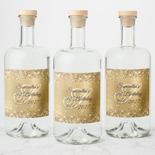 Glittery Gold Glam Monogram 21st Birthday Liquor Bottle Label (Bottles)