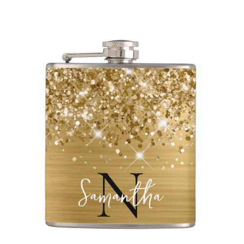Glittery Gold Glam Monogrammed Flask