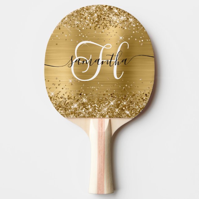 Glittery Gold Glam Monogrammed Ping Pong Paddle (Front)